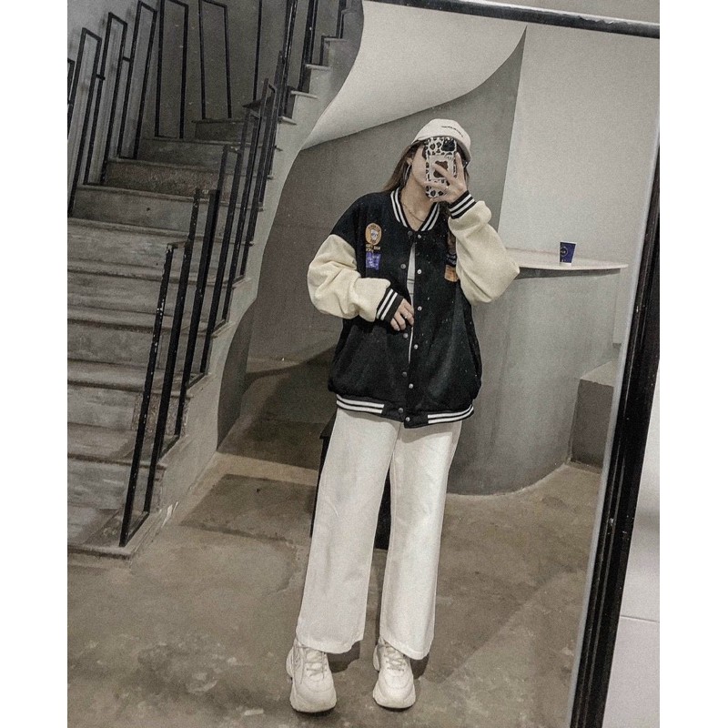 ÁO KHOÁC BÓNG CHÀY BOMBER ĐEN PHỐI TRẮNG SỌC THÊU STICKER KÈM ẢNH THẬT | BigBuy360 - bigbuy360.vn