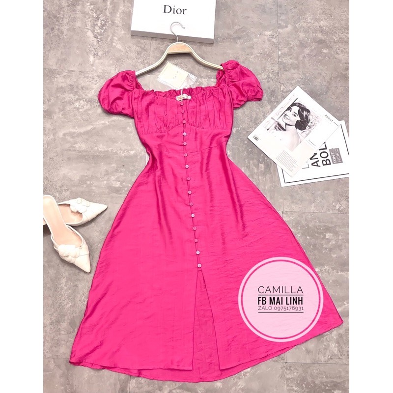 ⚡️CAMILLA⚡️Đầm hồng cổ vuông chạy chỉ lưng chất đũi tằm ko nhăn | BigBuy360 - bigbuy360.vn
