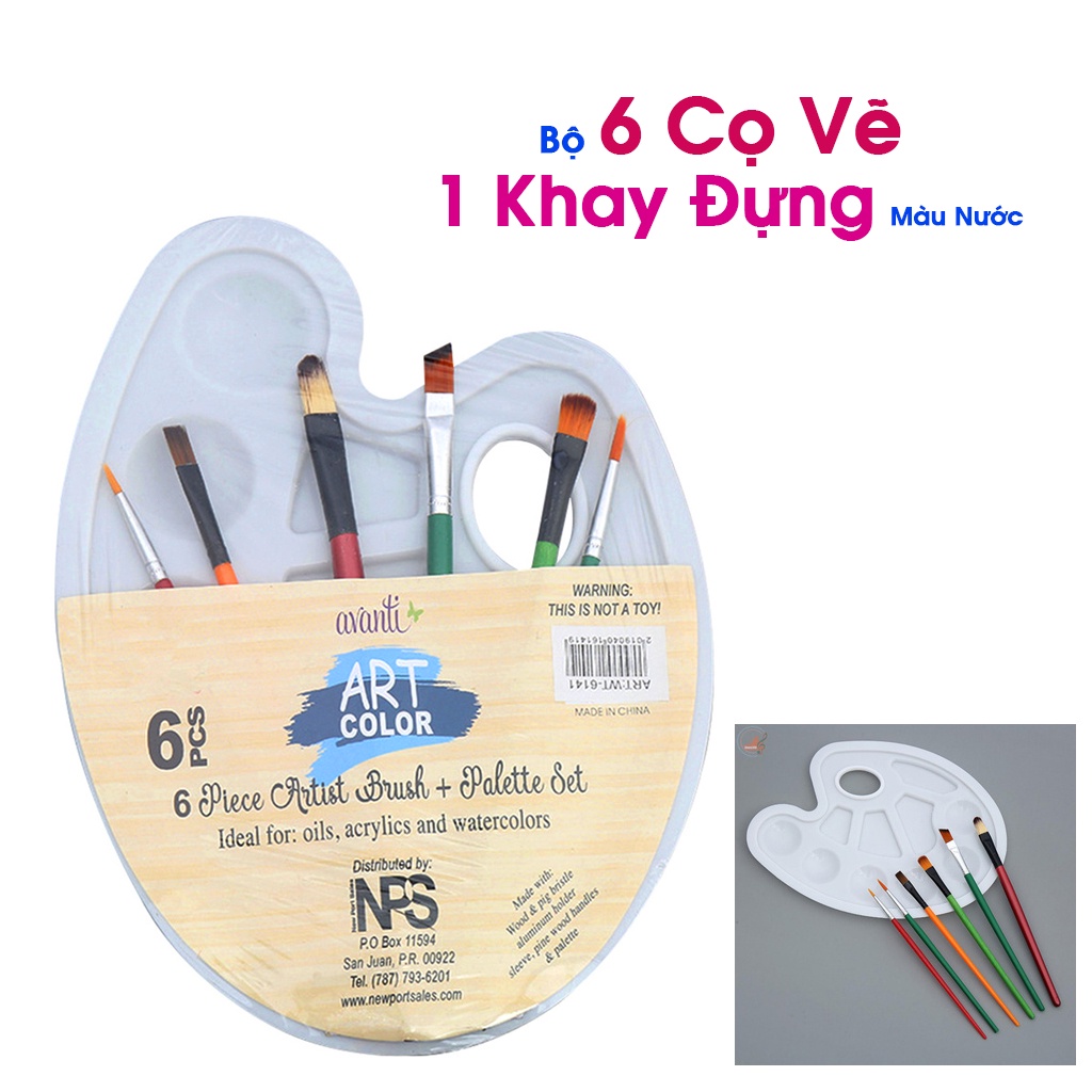 Bộ 6 Cọ vẽ màu nước Và 1 Khay Đựng- Bộ cọ vẽ chuyên nghiệp - dùng cho màu nước/bột/sơn acrylic