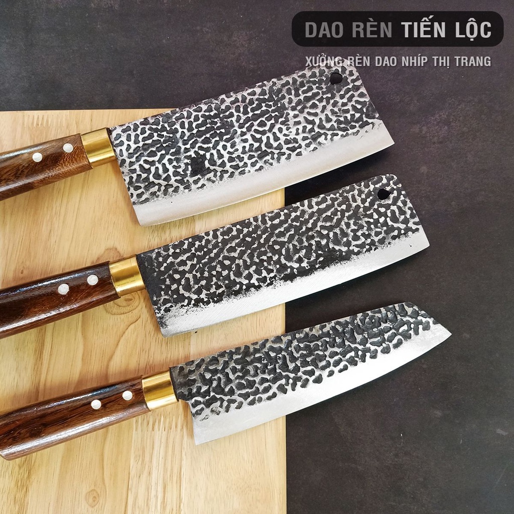 Bộ 3 Dao Nhà Bếp (ChặtTháiLọc) Thép Nhíp Dập Vân 2 Mặt Kháng Rỉ Tốt Cán Gỗ Cẩm