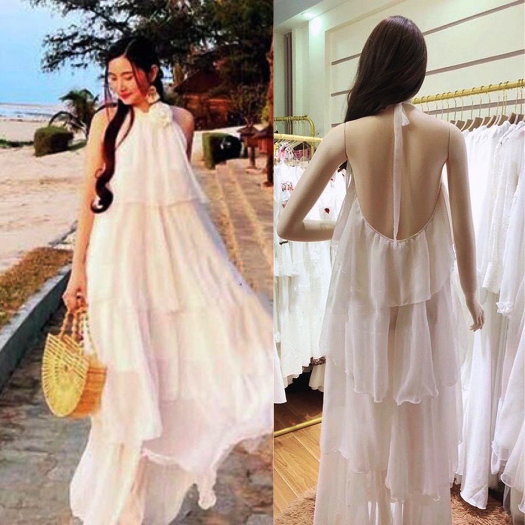 Đầm maxi tầng dàng dài cổ yếm thắt hoa hở lưng đi biển cá tính siêu xinh XUKA-DRESS MT045 chất Voon 2 lớp sang trọng.