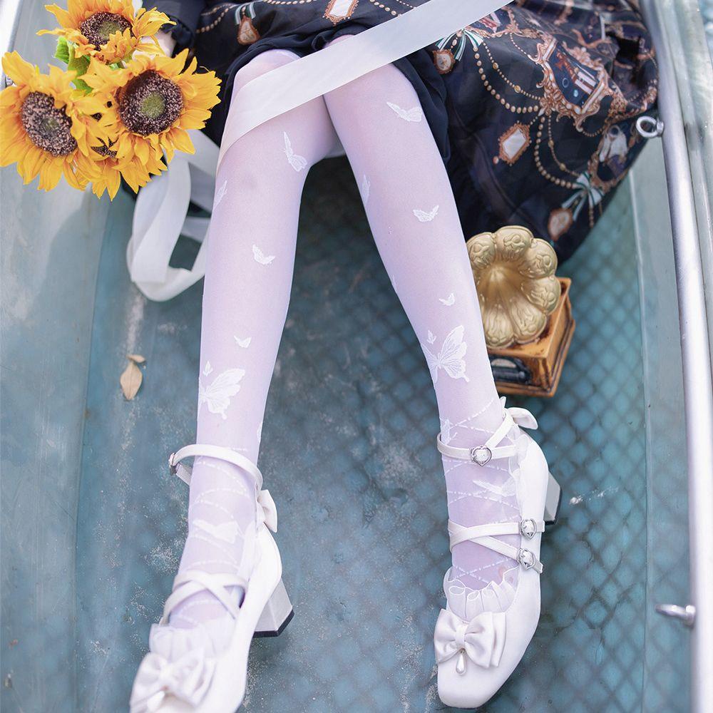NICKOLAS Vớ Dây Chéo Mỏng In Họa Tiết Bướm Phong Cách Lolita Thời Trang Cho Nữ