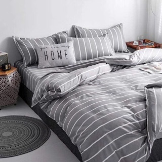 Bộ Drap & Chăn Phao Cotton Poly Kẻ Sọc Xám