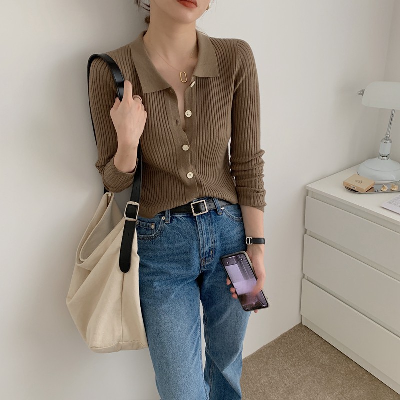 Đầm Sweater tay dài cổ Polo form ôm co giãn 38008