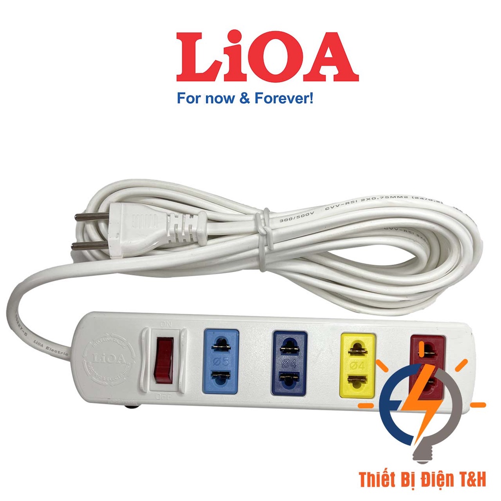 Ổ cắm điện LIOA, 2200W, 4 ổ cắm, 1 công tắc, dây dài 3 mét, 5 mét, 4S3W - 4S5W - Thiết Bị Điện T&H