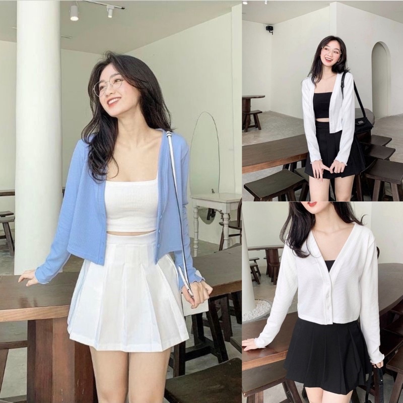 ÁO KHOÁC CADIGAN CROPTOP MỎNG TRƠN BA MÀU TRẮNG XANH ĐEN