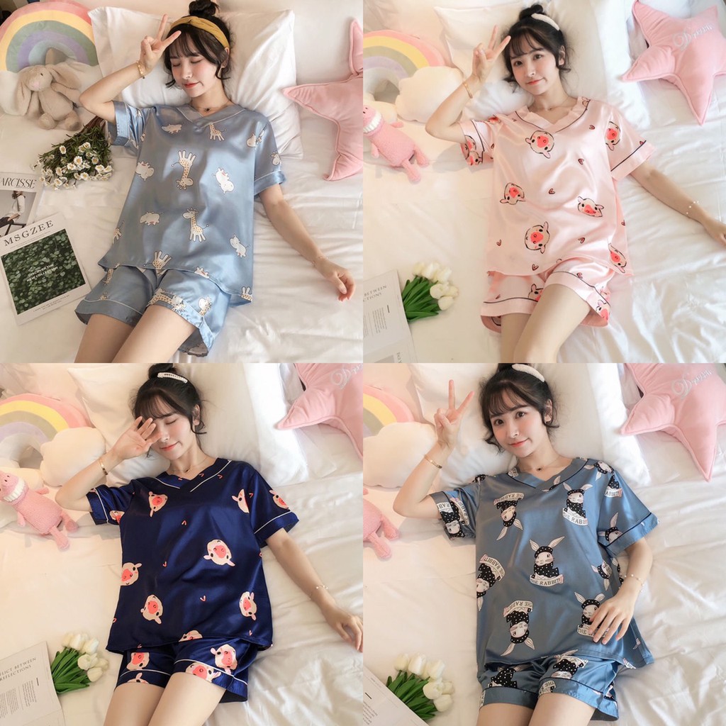 Bộ Ngủ Lụa, Bộ Mặc Nhà Pyjama Chất Mát Nhiều Họa Tiết