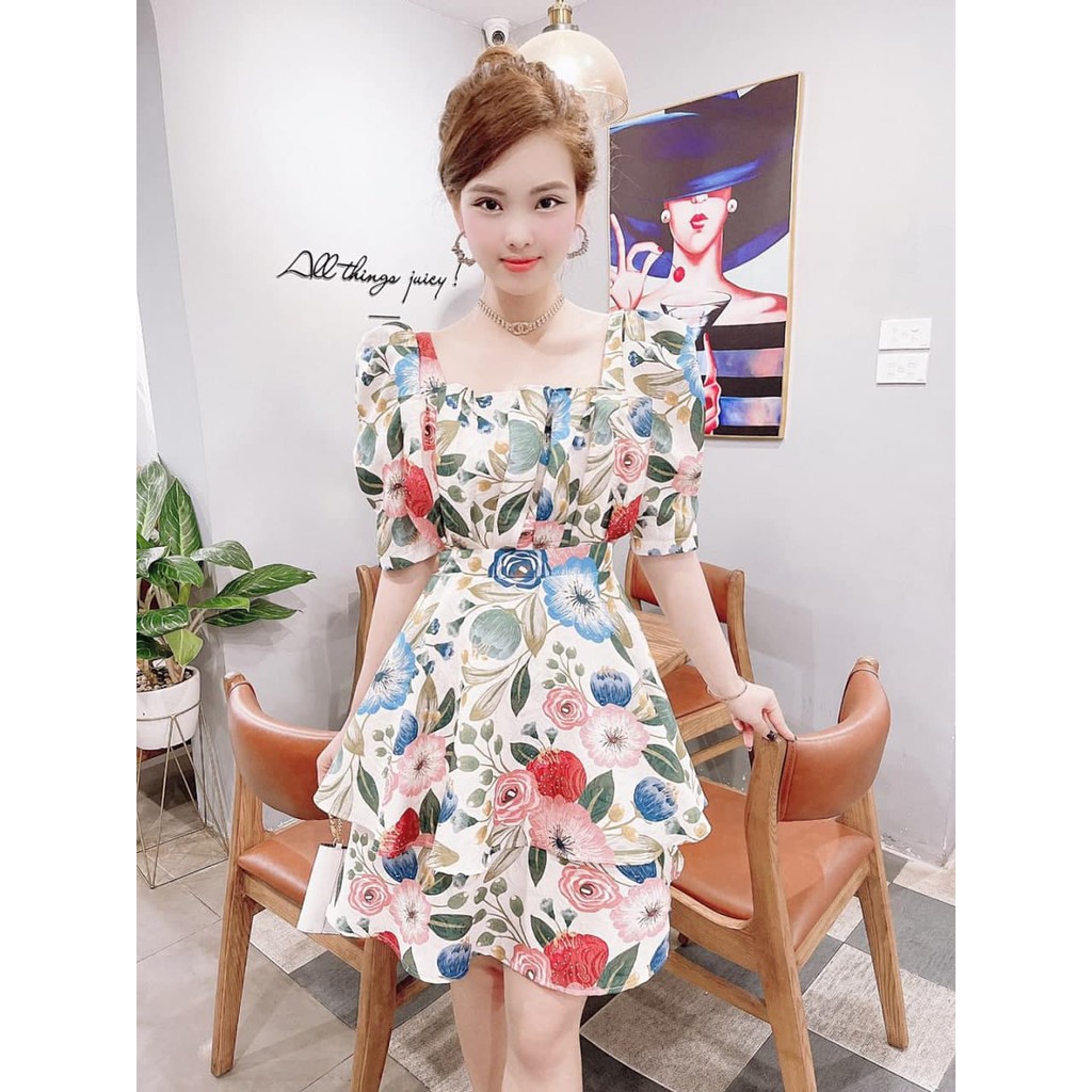 Đầm thiết kế cổ vuông tay bồng váy xếp tầng trẻ trung V1841 - HELASHOP [Kèm ảnh thật]