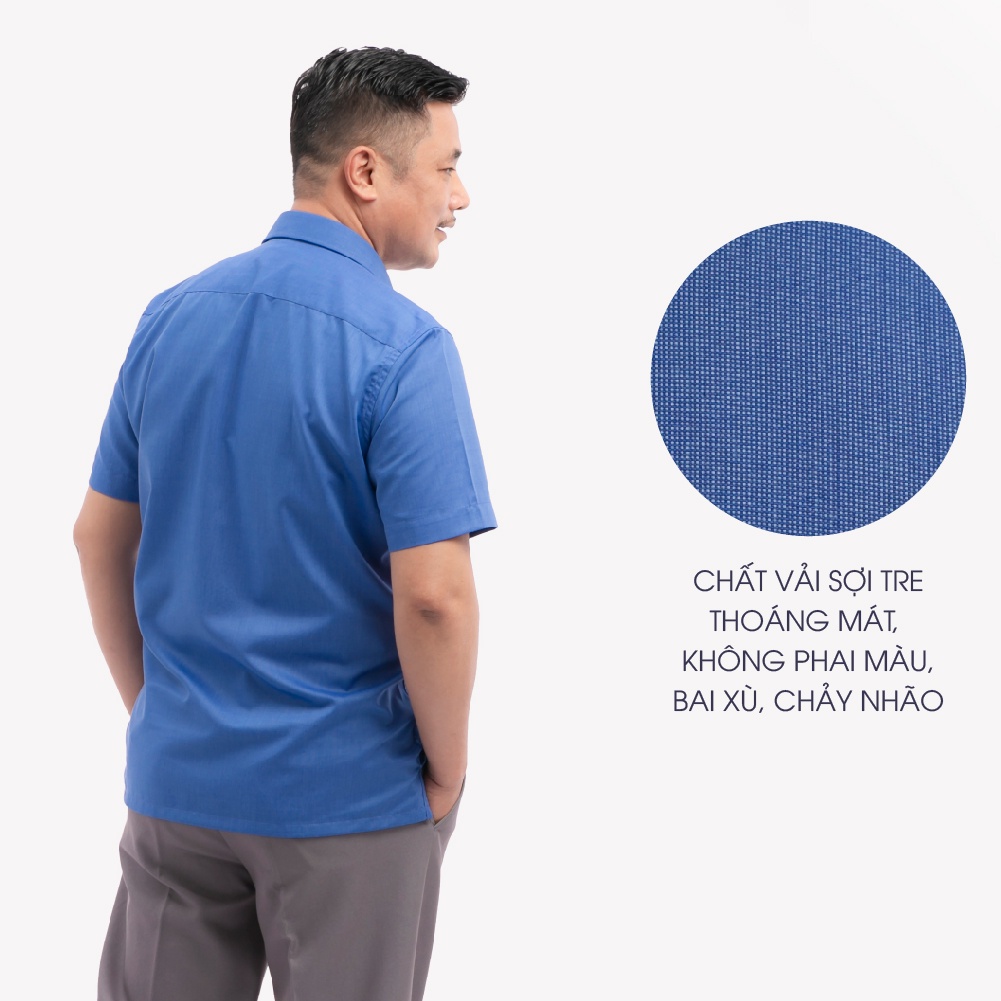 Áo Sơ Mi Nam Ngắn Tay Trung Niên ANCHI Màu Xanh Biển Trơn Vải Sợi Tre Cao Cấp