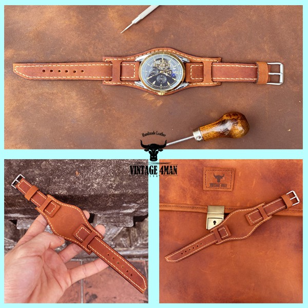 dây đồng hồ da bundstrap vintage handmade đủ size 18 - 20mm, 20 - 22mm, 22 -24 mm