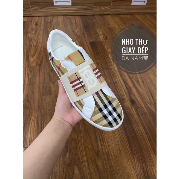 Giày thể thao nam ,giày lười ,slipon burberry sọc vàng đế trắng 2 cm cao cấp,kèm hộp]