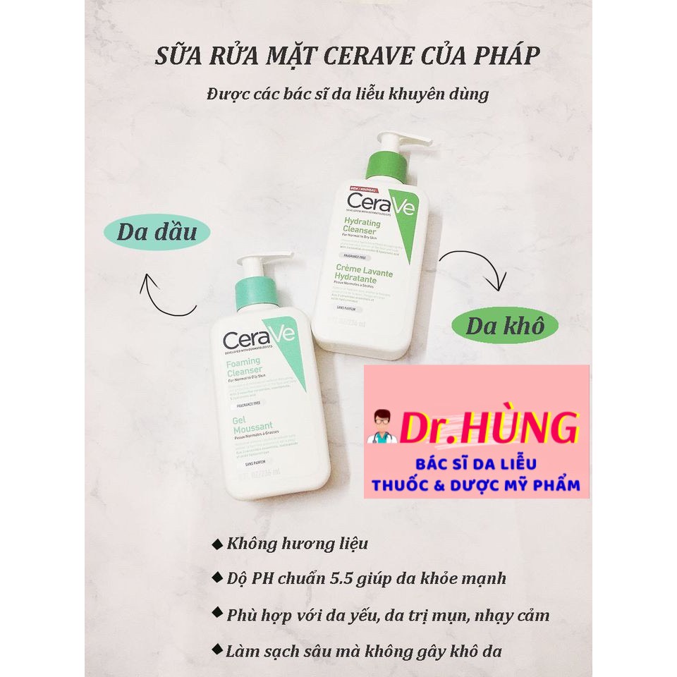 Sữa Rửa Mặt Dịu Nhẹ CERAVE Da Dầu,Da Khô Foaming Facial Cleanser Làm Sạch Sâu Bản Pháp Nội Địa 236-473 ml