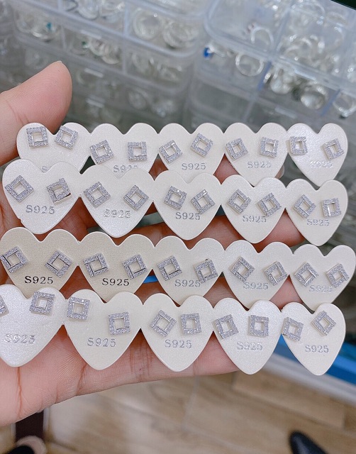 Khuyên tai nụ hồ ly, pha Lê đen trắng, đinh, oliu, đinh bạc thật mạ vàng trắng tròn vuông sao