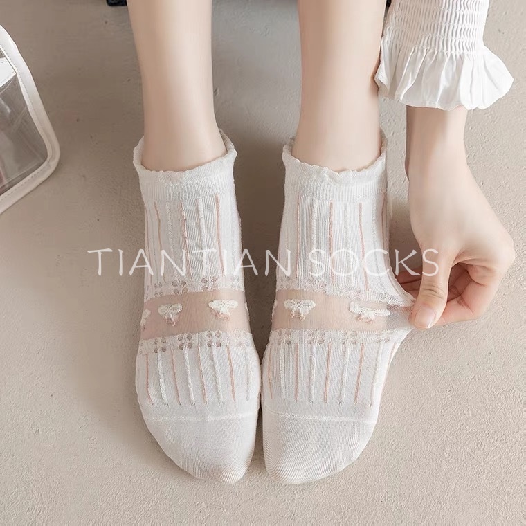TIAN TIAN T180 Vớ Cổ Thuyền Bằng Lụa Xuyên Thấu Mỏng Màu Trắng Phối Ren Đính Nơ Dễ Thương Phong Cách Nhật Bản Thời Trang Mùa Hè Cho Nữ