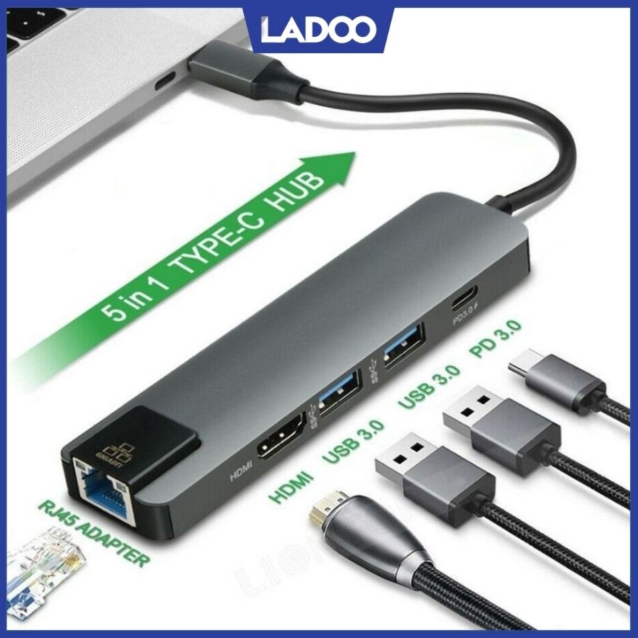 Hub USB Type C 5 in 1 To HDMI, RJ45, 2 x USB 3.0, USB Type C - Hàng Chính Hãng