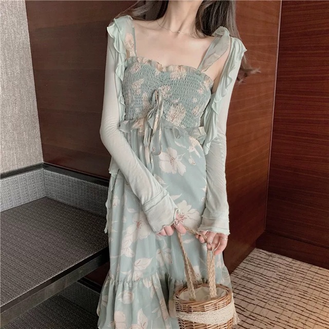 (Có sẵn) Đầm voan xanh hoa Quảng Châu / Váy maxi đi biển ( có ảnh thật)