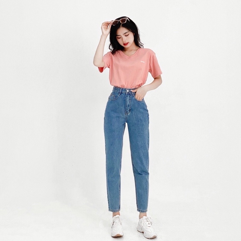 Quần Baggy Jean Nữ Trơn Lưng Cao, Quần Bò Lưng Cao Form Đi Học Đi Làm Dễ Phối Đồ Ms130