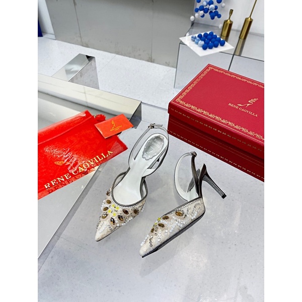 Giày cao gót mũi nhọn quai hậu đính đá hình hoa thương hiệu Rene Caovilla da thật cao cấp
