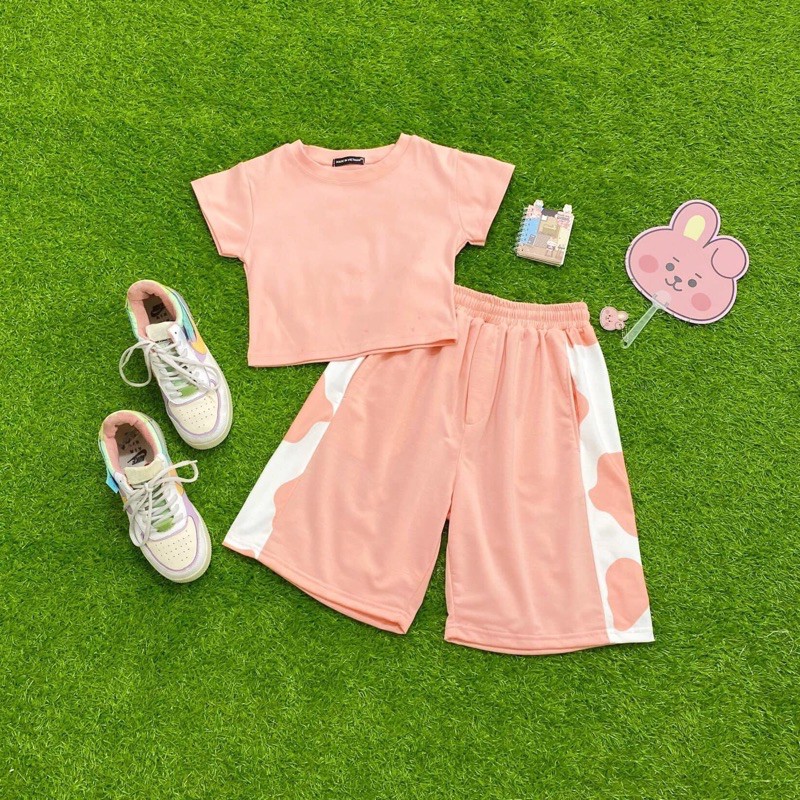 Set Short Thun Line Bò Sữa Croptop Body Trơn Ảnh Thật