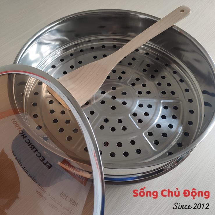 Nồi lẩu điện xửng hấp đa năng tiện đụng dung tích lớn 5.5L tay cầm vân gỗ chống dính ceramic chống xước