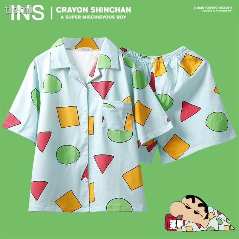 Bộ Đồ Ngủ Tay Ngắn Vải Cotton Thoải Mái In Hình Cậu Bé Bút Chì Shin Chan Cho Nữ