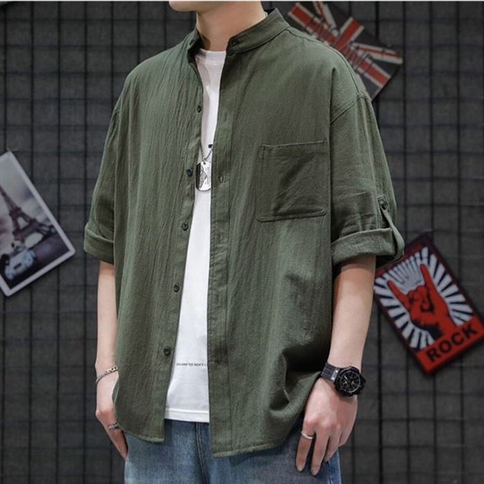 Áo sơ mi nam cổ tầu mở khuy chất đũi trẻ trung, thời trang phong cách trẻ