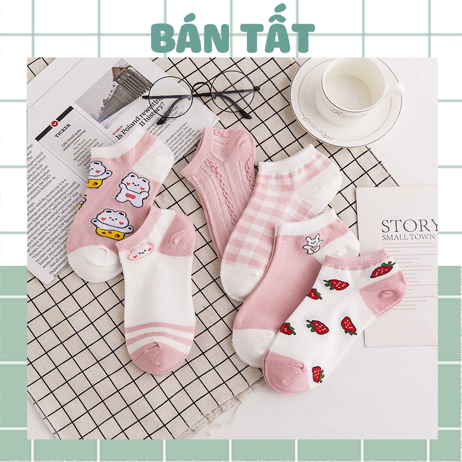 Tất nữ cổ ngắn, vớ nữ hồng gấu vải cotton mỏng thoáng co giẵn Hàn Quốc