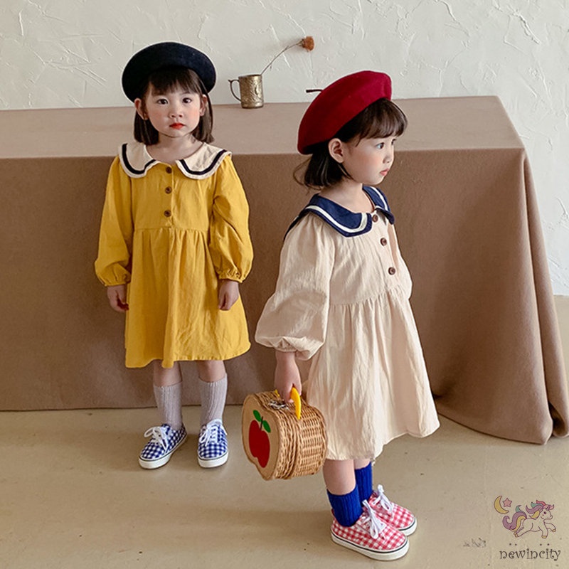 Đầm Bé Gái Tay Dài Cổ Thủy Thủ Phong Cách Hàn Quốc