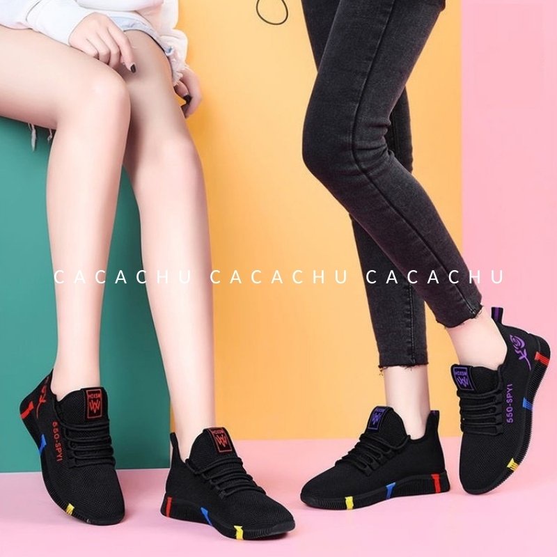Giày nữ thể thao sneaker hot trend 2021 đẹp màu đen 550-Spyi CACACHU G005, đế siêu êm gót hình bông hoa hồng thời trang