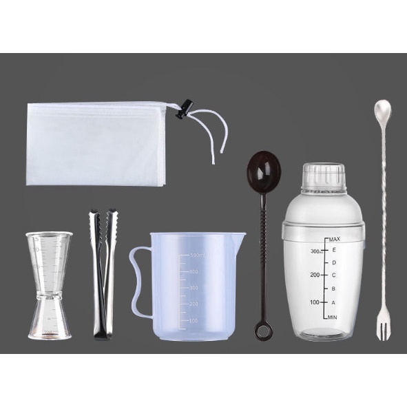 Set 7 dụng cụ pha chế:túi lọc trà+gắp đá+thìa bar+lắc nhựa 350ml+ca đong 500ml+thìa đong 10g+zig nhựa 20/40