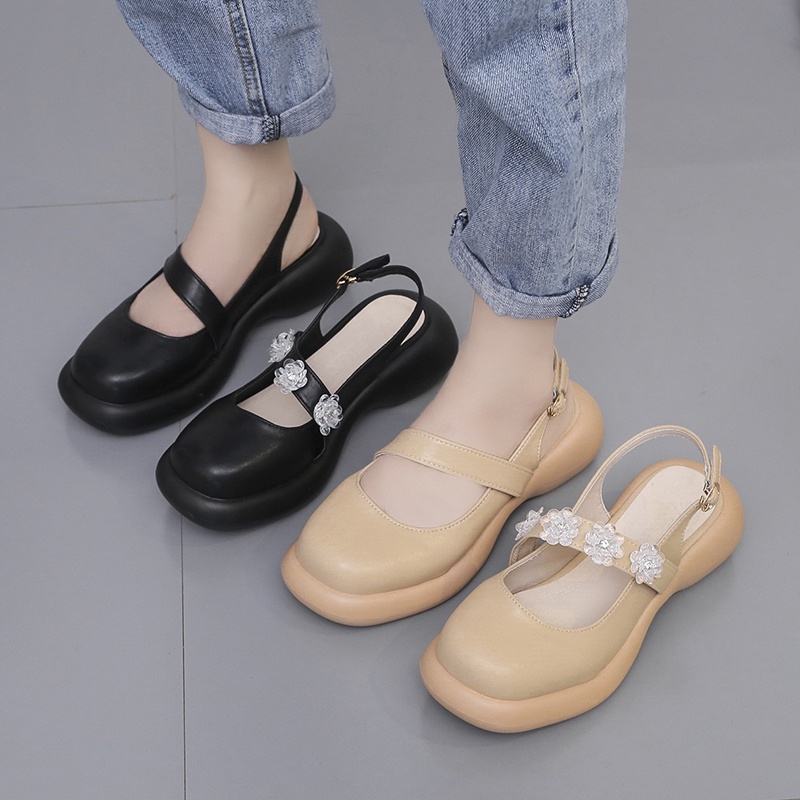 Giày Bệt Nữ, Giày Búp Bê Mary Janes, Slingbacks Da Nữ Được Trang Trí Bằng Hoa (Đế Cao Su)