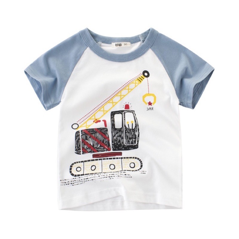 Áo thun ngắn tay bé trai hình máy xúc, máy ủi, oto, áo phông cotton bé trai hàng Quảng Châu