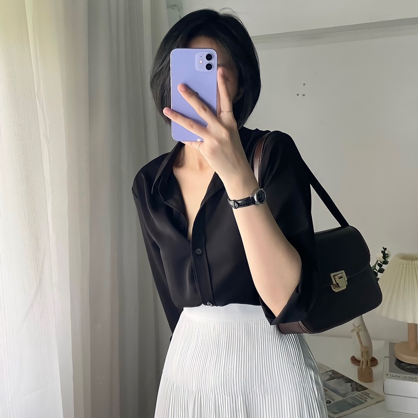 Áo sơ mi nữ màu đen dài tay dáng suông kiểu Hàn Quốc form rộng chất mát không nhăn mã AAS452