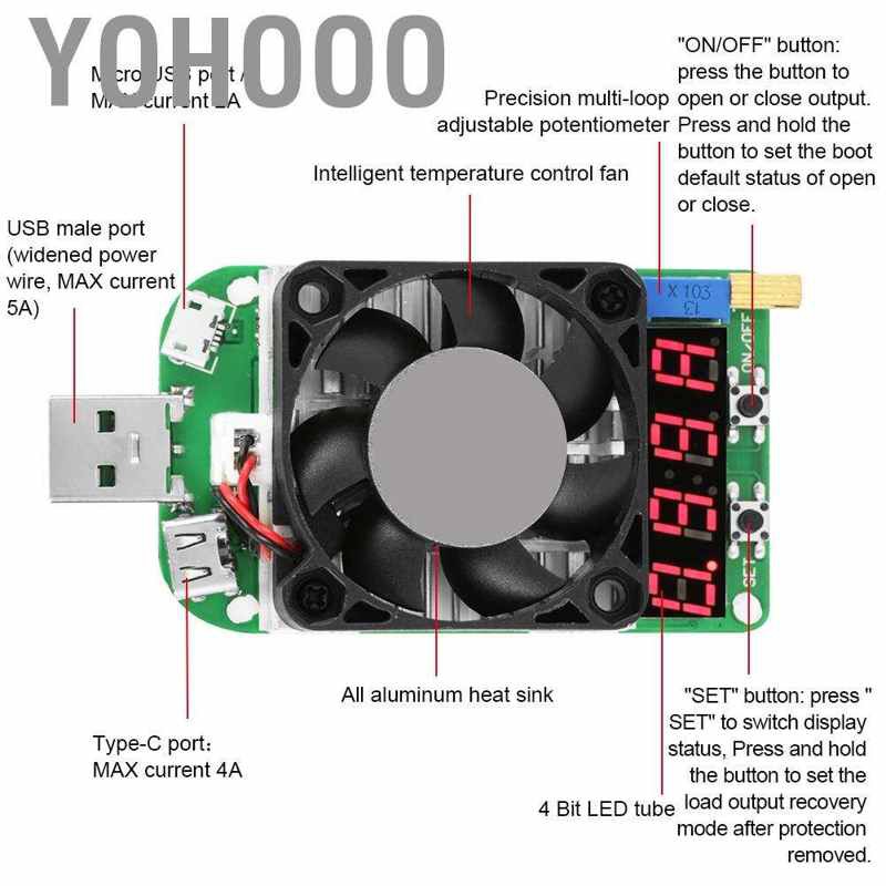 Yohooo LD35 USB Electronic Load Digital Battery Test Resistor Voltage Current Meter