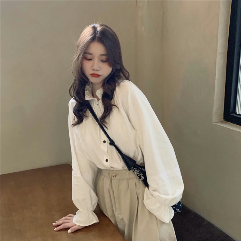 SUXI Áo Sơ Mi Trắng Tay Phồng Dáng Chữ A Lưng Cao Phong Cách Retro Pháp