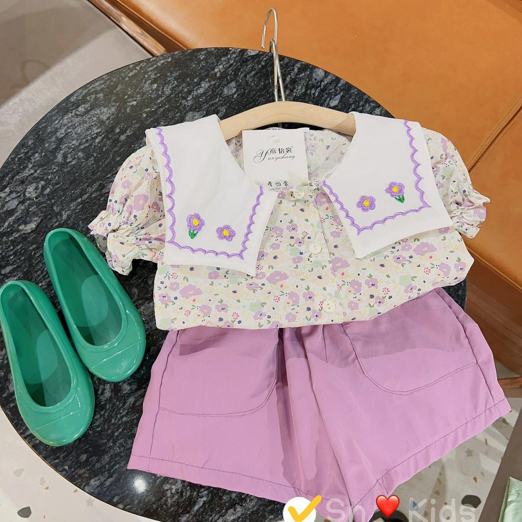 Quần áo bé gái, set bộ áo thô hoa cổ vuông thêu bản to phối quần đùi thô bổ túi cho bé 12-30kg