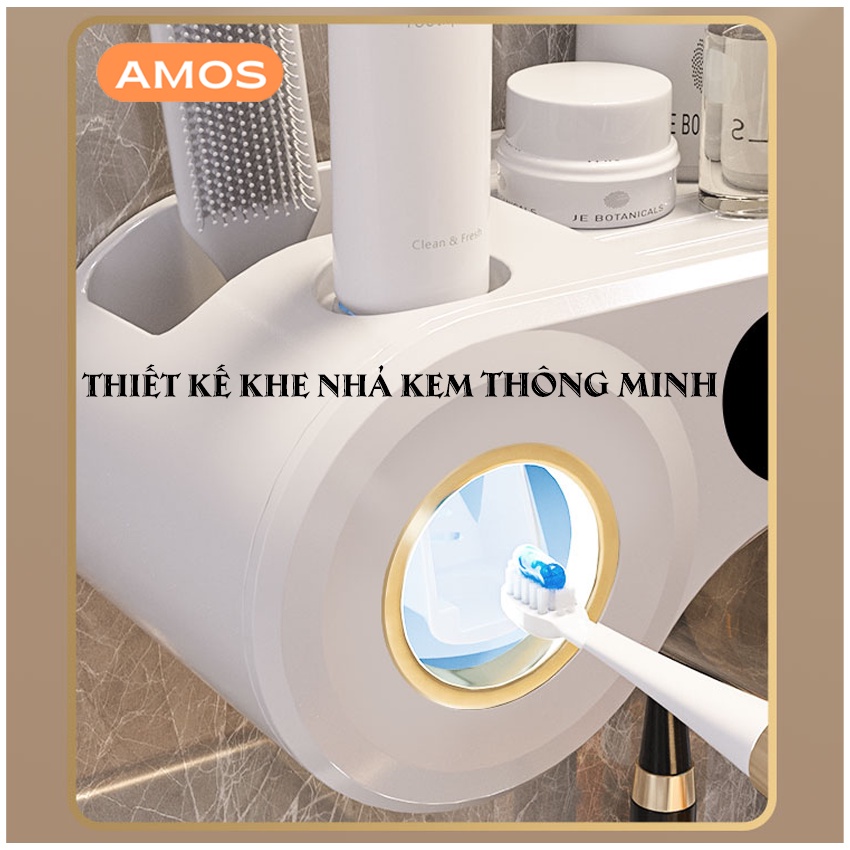 Bộ nhả kem đánh răng tự động AMOS | Kệ dán tường nhà tắm cao cấp kèm miếng dán