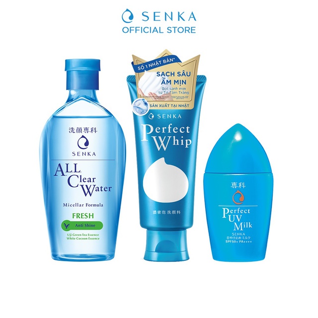 Combo Senka Làm Sạch Chống Nắng Kiềm Dầu Hoàn Hảo (Water Fresh 230ml + Perfect Whip 120g + UV Milk 40ml)