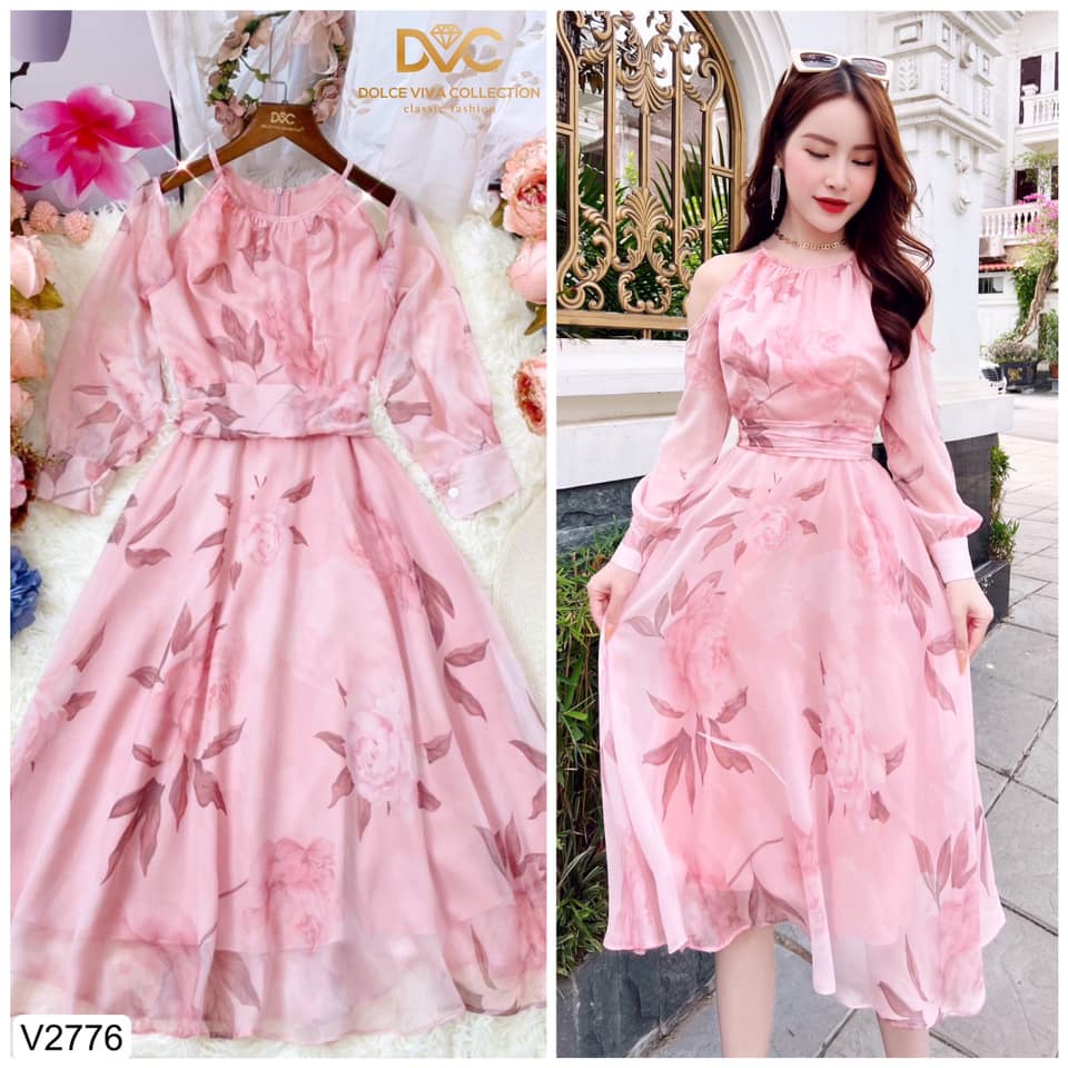 Váy voan hồng dáng xòe khoét tay cổ yếm siêu xinh V2776