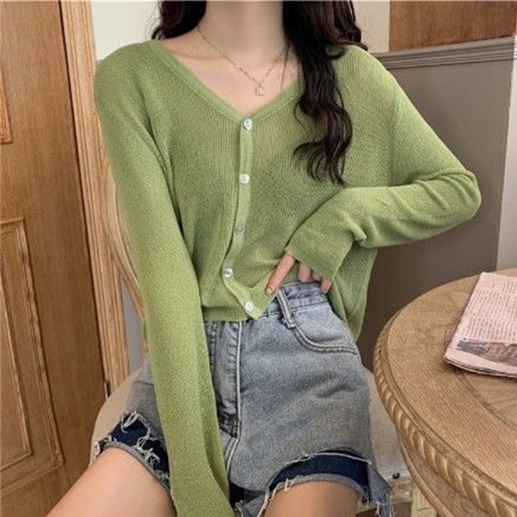 Áo Khoác Cardigan Dệt Kim Mỏng Màu Trơn Cổ Chữ V Tay Dài Chống Nắng Mùa Hè Phong Cách Mới