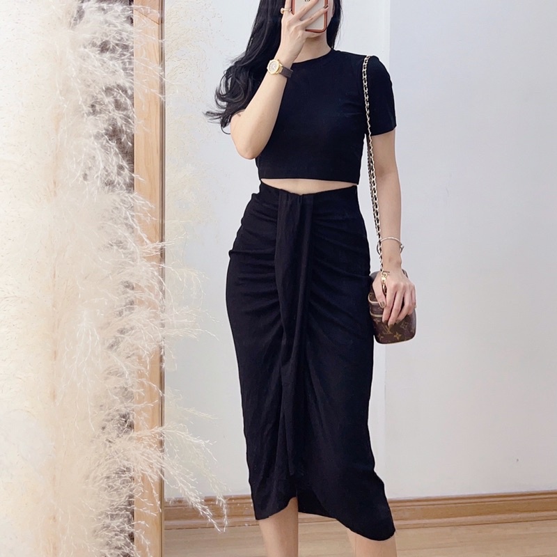 ( Ảnh thật ) S0704 Set cotton áo croptop và chân váy vạt gập