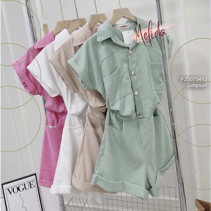 Bộ Jumpsuit cổ sơ mi liền quần gập gấu dáng ngắn jum nữ body chất vải nhung tăm cúc cài nhiều màu đẹp thời trang Medila