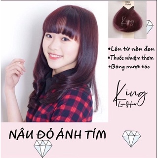 Thuốc nhuộm tóc màu nâu đỏ rượu vang / nâu đỏ ánh tím lên từ nền đen, phủ bạc + tặng kèm oxy trợ dưỡng
