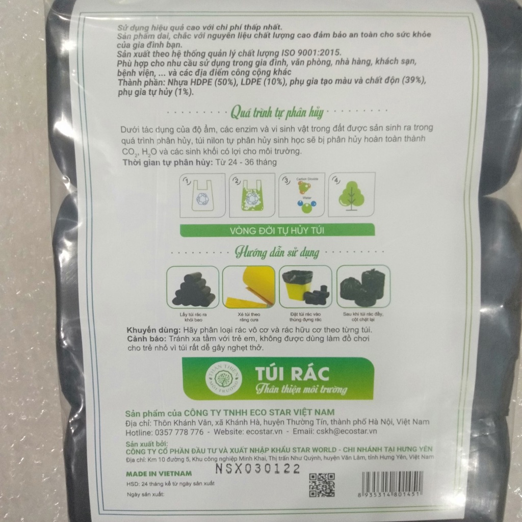 Túi rác cuộn ECO STAR tự phân hủy thân thiện môi trường (số lượng 1 cuộn)