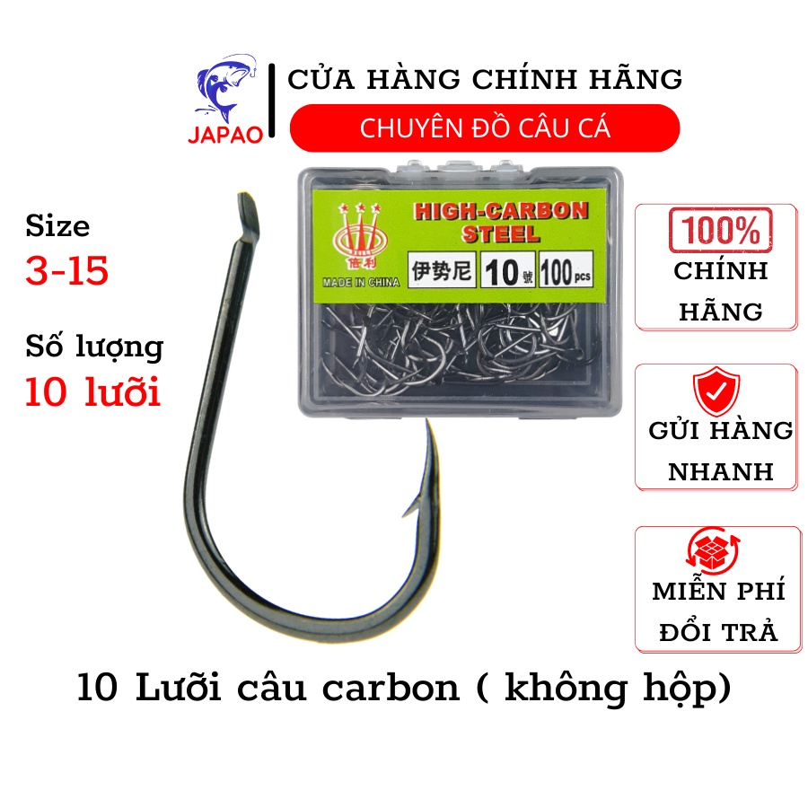 Combo 10 Lưỡi câu cá Japao chất liệu carbon pha thép không gỉ lưỡi cứng bén câu cá lóc, tra, trê, lăng, chép, trắm