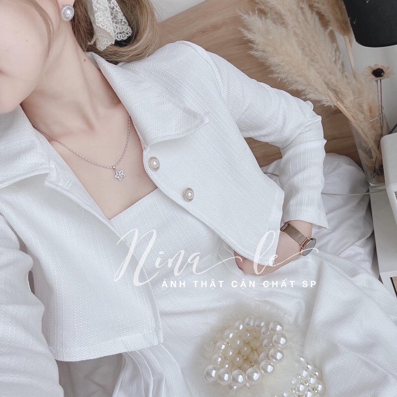 [ 𝐅𝐑𝐄𝐄 𝐒𝐇𝐈𝐏 ] SET ĐẦM CHIẾT EO TRẮNG MIX KHOÁC CROPTOP CÀI NÚT