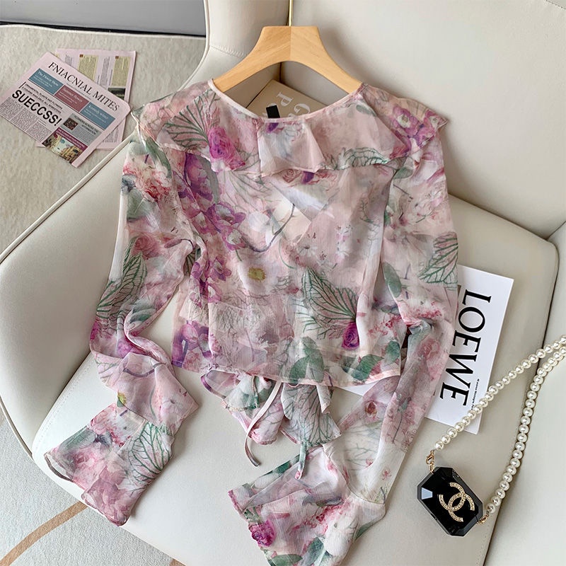 Áo Chiffon Cổ Chữ v Viền Bèo In Họa Tiết Hoa Thời Trang Mùa Hè Mới