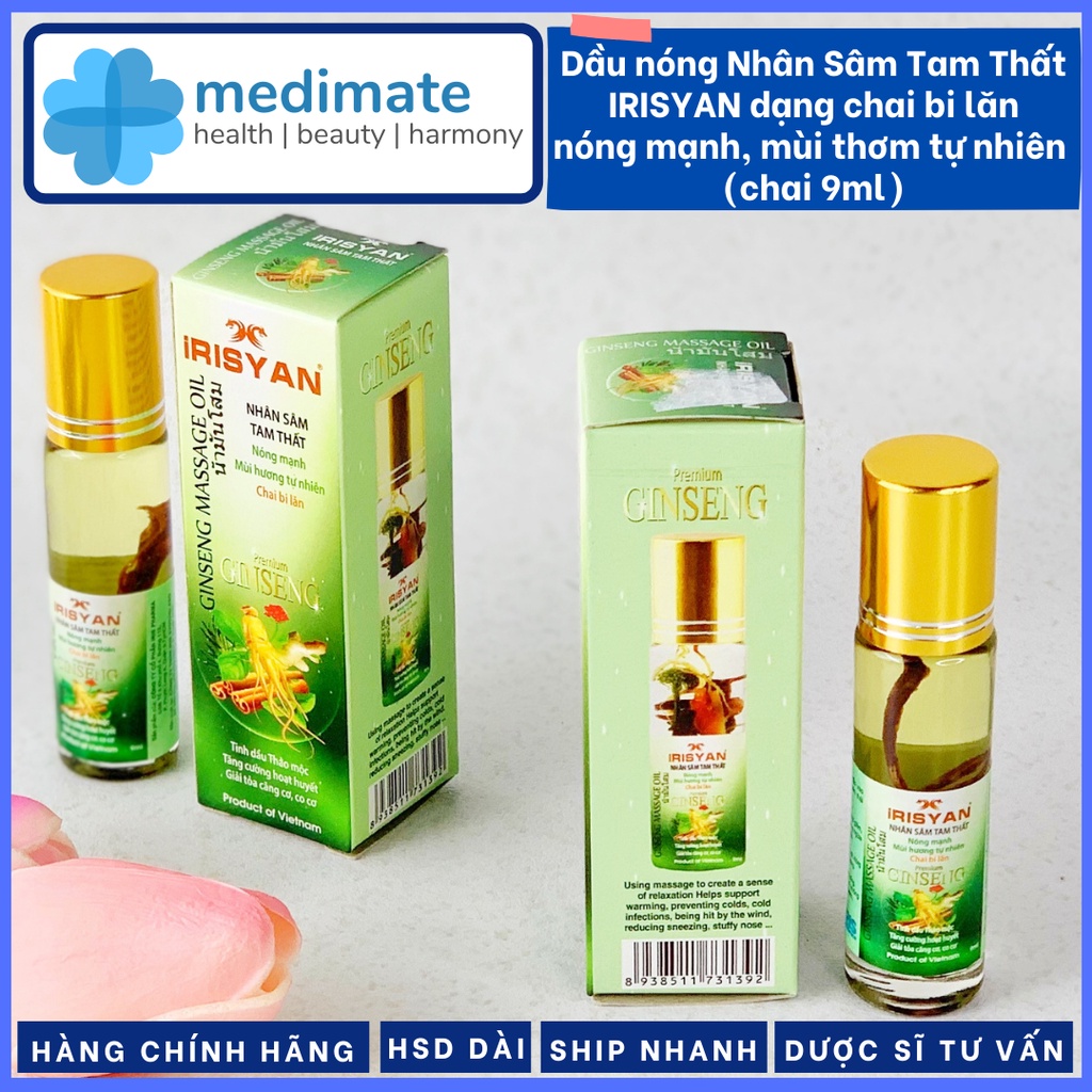 Dầu Nhân Sâm Tam Thất IRISYAN chai bi lăn nóng mạnh, mùi thơm tự nhiên (chai 9ml)