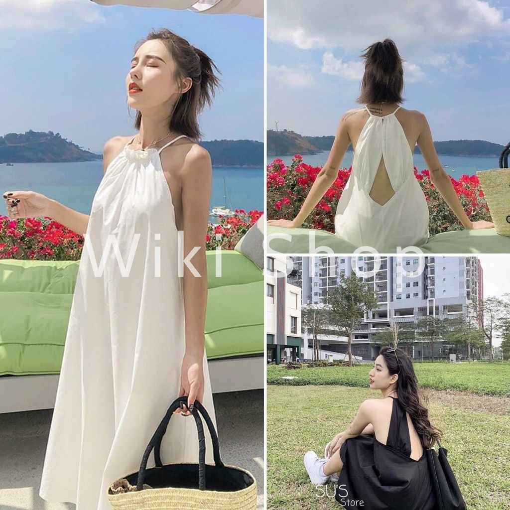 [CÓ ẢNH THẬT] Váy yếm hai dây hở lưng đen trắng dáng maxi - Váy yếm dáng maxi dáng suông xòe rộng freesize chất thô mát | BigBuy360 - bigbuy360.vn