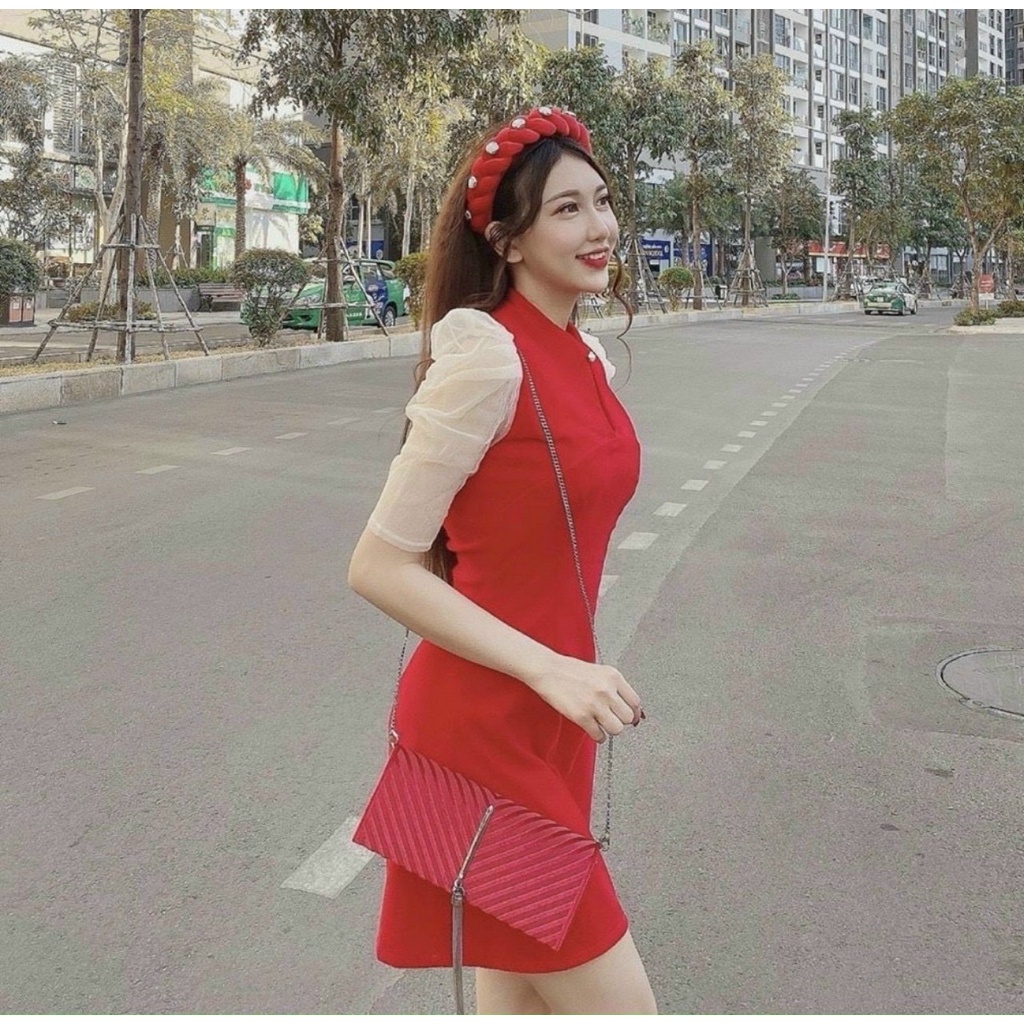 Váy tết đầm tết màu đỏ cổ tàu tay bồng phối lưới chất tuyết mưa thời trang mùa xuân | BigBuy360 - bigbuy360.vn